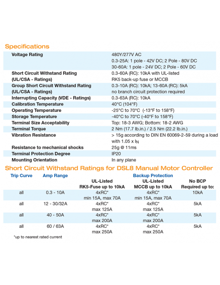 3C15UM - DLS8 - UL508 Listed Manual Motor Controllers “Suitable as Motor Disconnect”
