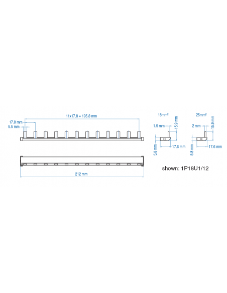 1P18U1/55 - UL 508 & UL 1077 - 1 PHASE BUSBAR - standard spacing