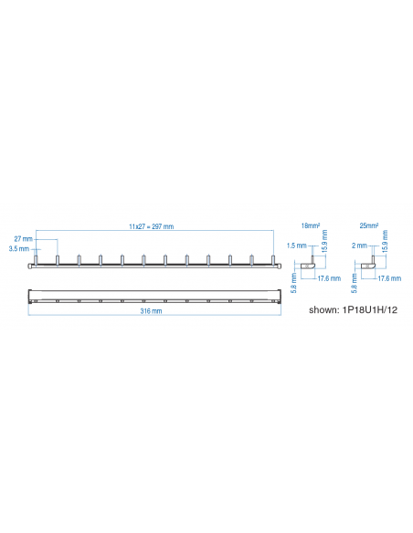 1P18U1H/6 - UL 508 & UL 1077 - 1 PHASE BUSBAR - 1/2 pole spacing