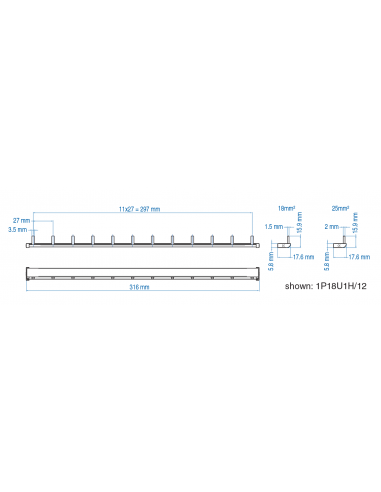 1P18U1H/30 - UL 508 & UL 1077 - 1 PHASE BUSBAR - 1/2 pole spacing