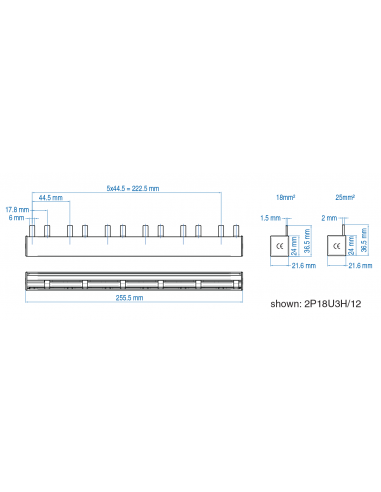 2P18U3H/44 - UL 508 & UL 1077 - 2 PHASE BUSBAR - 1/2 pole spacing