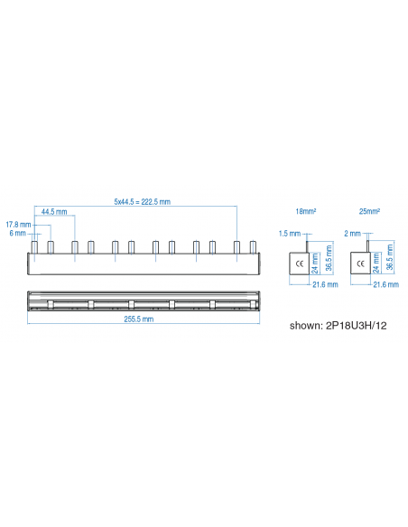 2P25U3H/32 - UL 508 & UL 1077 - 2 PHASE BUSBAR - 1/2 pole spacing