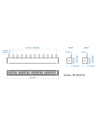 3P25U3/15 - UL 508 & UL 1077 - 3 PHASE BUSBAR - standard pole spacing