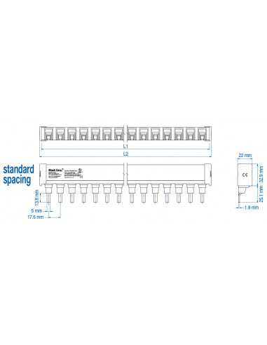 2P18ULC3/18 - UL 489 - 2 PHASE CUTTABLE BUSBAR - standard spacing