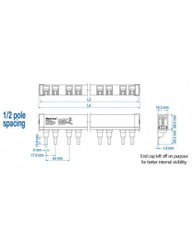 2P25ULC3H/8 - UL 489 - 2 PHASE CUTTABLE BUSBAR - auxiliary spacing