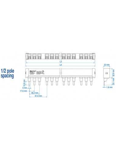 3P25ULC3H/18 - UL 489 - 3 PHASE CUTTABLE BUSBAR - auxiliary spacing