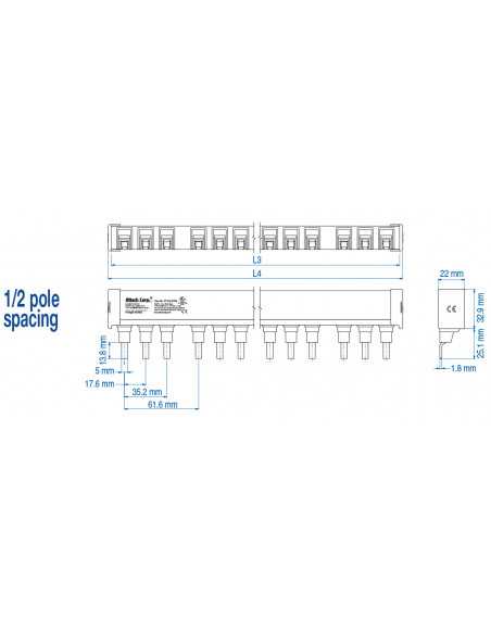 3P25ULC3H/36 - UL 489 - 3 PHASE CUTTABLE BUSBAR - auxiliary spacing