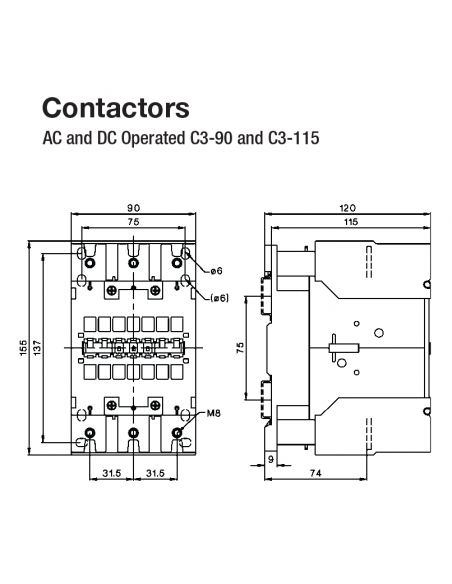 A16PC3-115A00-24V PC Series Contactors - 115A Frame (1 Phase, 3 Phase)