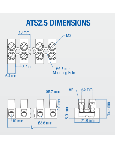 40.204 Terminal Strip, Panel Mount, ATS2.5/2, 4 Pole, 10mm spacing, 300V, 30A