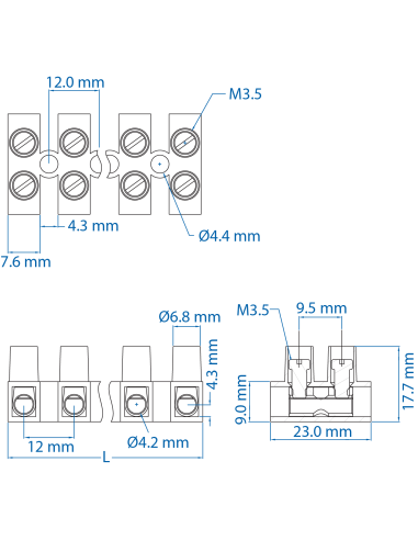 40.403 Terminal Strip, Panel Mount, ATS6/2, 3 Pole, 12mm spacing, 300V, 40A