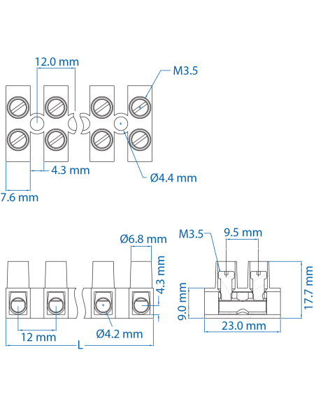40.408 Terminal Strip, Panel Mount, ATS6/2, 8 Pole, 12mm spacing, 300V, 40A