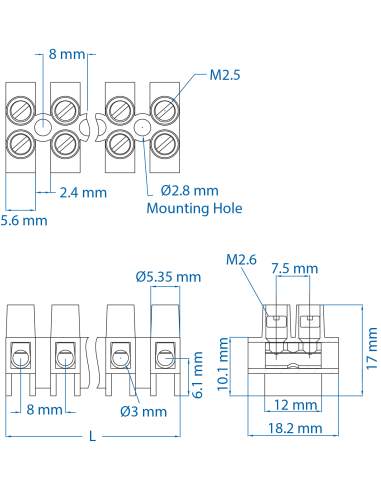 40.105 Terminal Strip, Panel Mount, ATSF1.5/2, 5 Pole, 8mm spacing, 600V, 20A