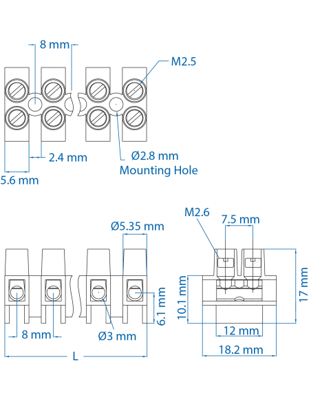 40.107 Terminal Strip, Panel Mount, ATSF1.5/2, 7 Pole, 8mm spacing, 600V, 20A
