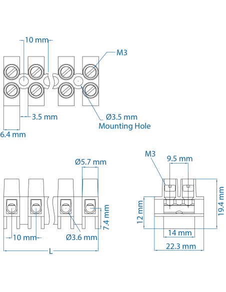 40.303 Terminal Strip, Panel Mount, ATSF2.5/2, 3 Pole, 10mm spacing, 600V, 30A