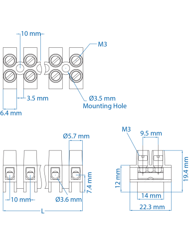 40.312 Terminal Strip, Panel Mount, ATSF2.5/2, 12 Pole, 10mm spacing, 600V, 30A