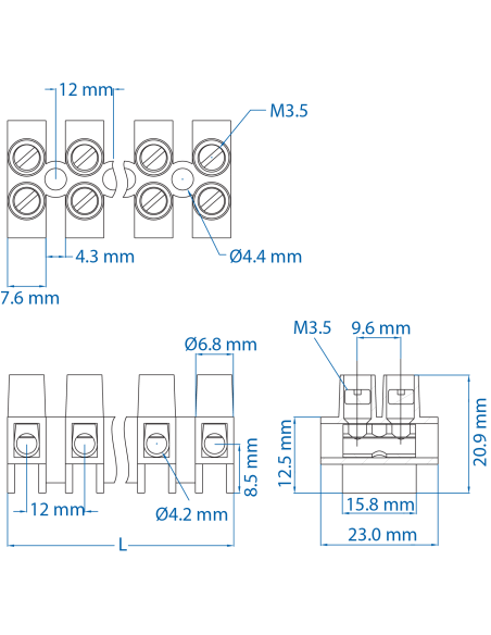 40.512 Terminal Strip, Panel Mount, ATSF6/2, 12 Pole, 12mm spacing, 600V, 40A