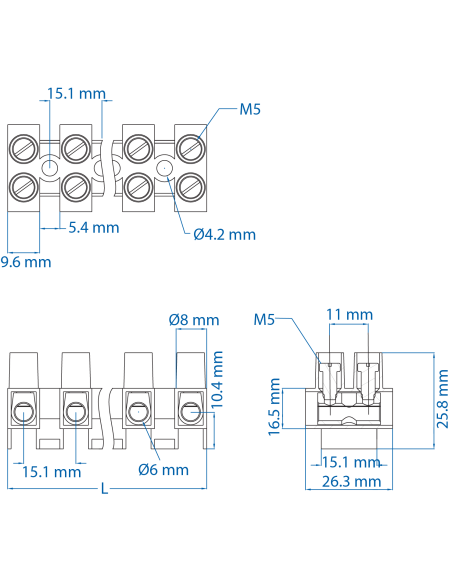 40.705 Terminal Strip, Panel Mount, ATSF16/2, 5 Pole, 15.1mm spacing, 600V, 63A