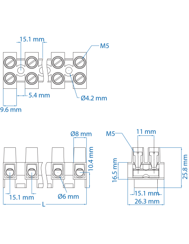 40.710 Terminal Strip, Panel Mount, ATSF16/2, 10 Pole, 15.1mm spacing, 600V, 63A