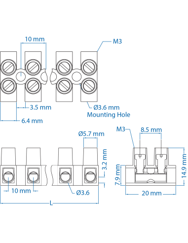 HE4WPR/02 Eurostrip, 2 pole, 10mm spacing, flat base, 30A, 300V, 24-10AWG