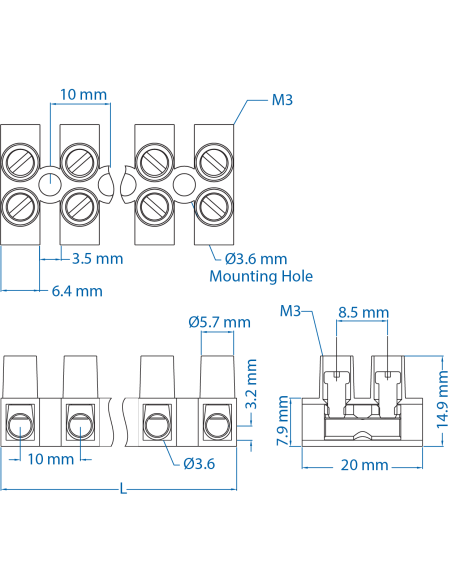 HE4WPR/05 Eurostrip, 5 pole, 10mm spacing, flat base, 30A, 300V, 24-10AWG