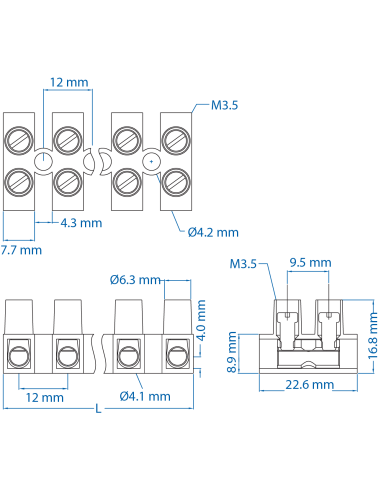HE6WPR/08 Eurostrip, 8 pole,12mm spacing, flat base, 40A, 300V, 20-10AWG