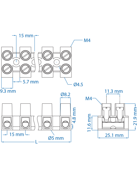 HE10WPR/05 Eurostrip, 5 pole,15mm spacing, flatbase, 50A, 300V, 18-8AWG