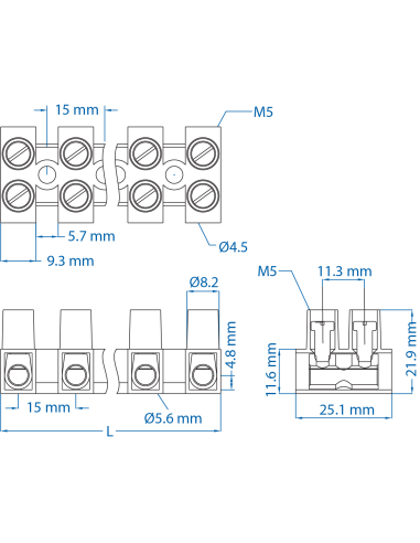 HE16WPR/05/BK Eurostrip, 5 pole,15mm spacing, flatbase, 63A, 300V, 18-6AWG, Black