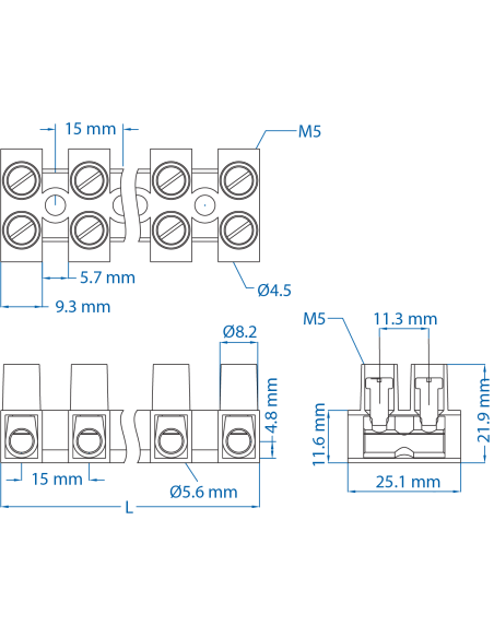 HE16WPR/05/BK Eurostrip, 5 pole,15mm spacing, flatbase, 63A, 300V, 18-6AWG, Black