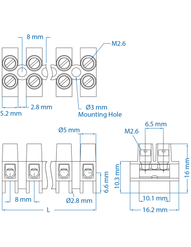 HE1HWPR/02 Eurostrip, 2 pole, 8mm spacing, standoff, 20A, 600V, 24-12AWG