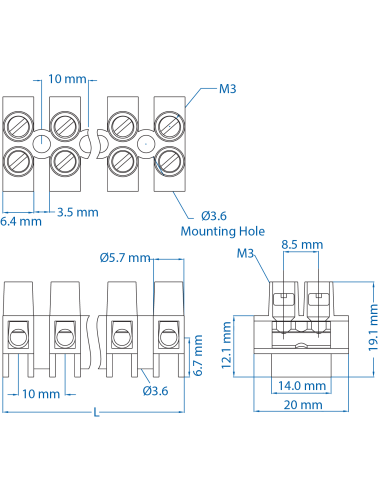 HE6HWPR/06 Eurostrip, 6 pole,12mm spacing, standoff, 40A, 600V, 20-10AWG
