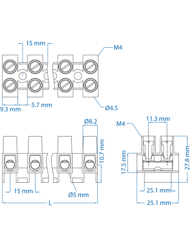HE10HNWPR/09 Eurostrip, 9 pole,15mm spacing, standoff, 50A, 600V, 18-8AWG