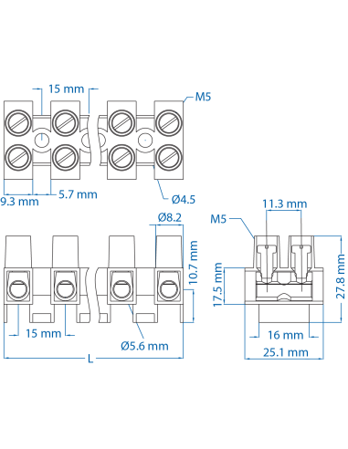 HE16HNWPR/03 Eurostrip, 3 pole,15mm spacing, standoff, 63A, 600V, 18-6AWG