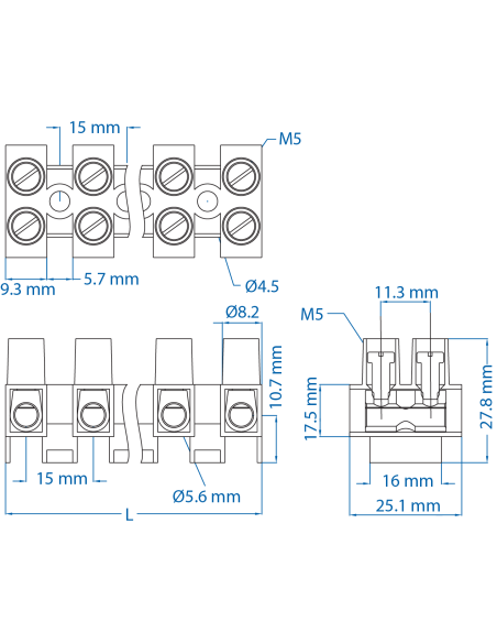 HE16HNWPR/10 Eurostrip, 10 pole,15mm spacing, standoff, 63A, 600V, 18-6AWG