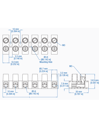 HE42BU/12 Eurostrip socket, 12 pole,10mmPS, flat base, 20A, 300V, 24-10AWG
