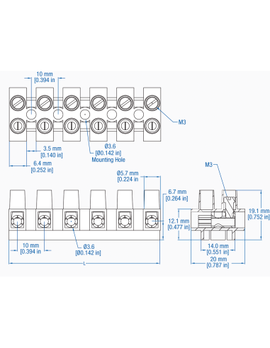 HE42SBU/05 Eurostrip socket, 5 pole,10mmPS, Standoff, 20A, 600V, 24-10AWG