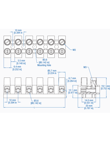 HE42SBU/12 Eurostrip socket, 12 pole,10mmPS, Standoff, 20A, 600V, 24-10AWG